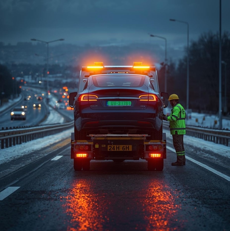 Elektromos autó vontatása tilos feliratú figyelmeztetés