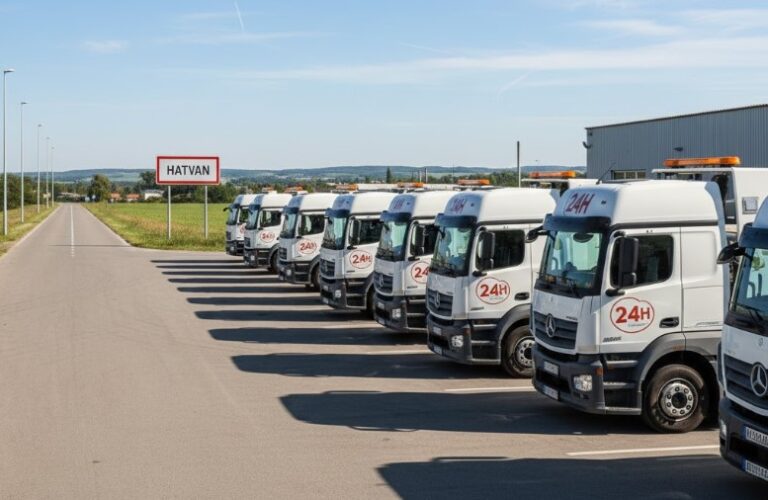 Megbízható autómentés Hatvan feliratú modern tréler a város főterén