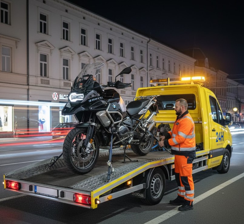 Professzionális motorszállítás Tatabánya belvárosában speciális trélerrel