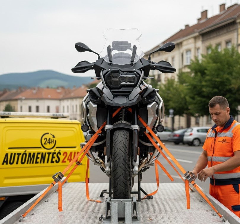 Motorszállítás Tatabánya – biztonságosan rögzített túramotor a platón