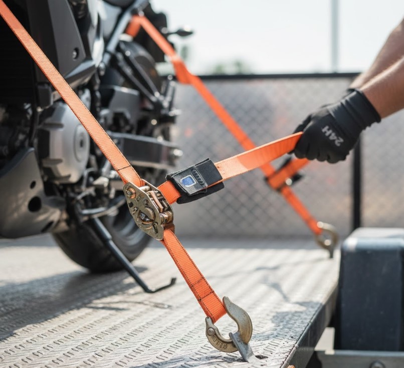 Speciális motorkerékpár rögzítéstechnika hevederekkel motorszállítás közben