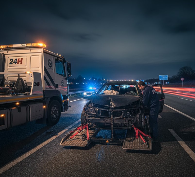 Karambolos autó rögzítése a mentőplatformon