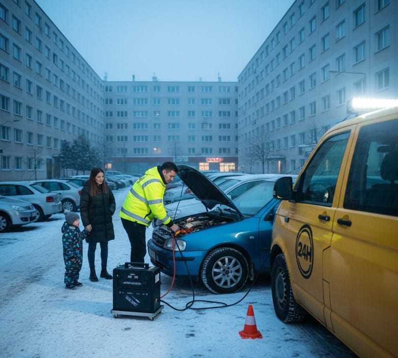 Autómentő Petőfibánya sárga segélykocsi lakótelepen