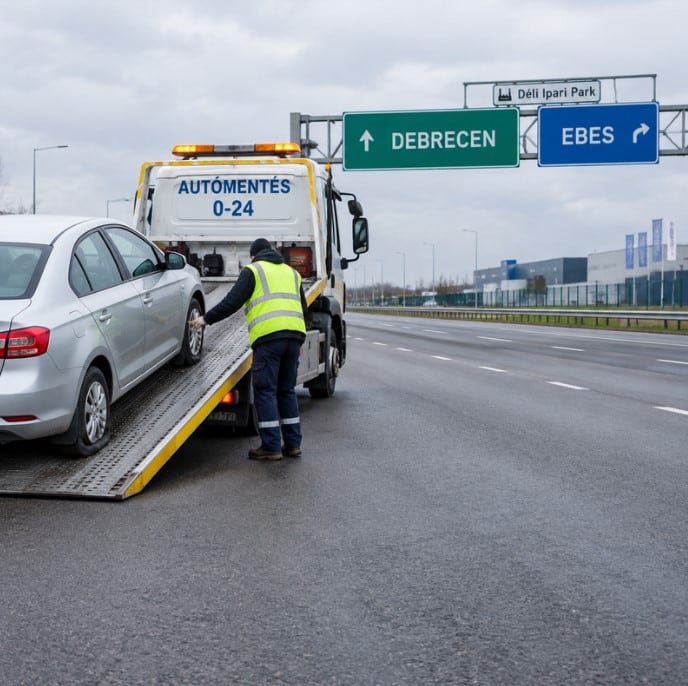 Autómentő Debrecen. Autómentő tréler az M35-ös autópálya debreceni és ebesi szakasza között.
